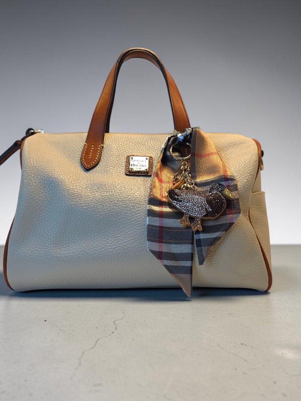 Dooney & Bourke Pebbled Cowhide Satchel with Brown Leather Trim, Twilly & Charm